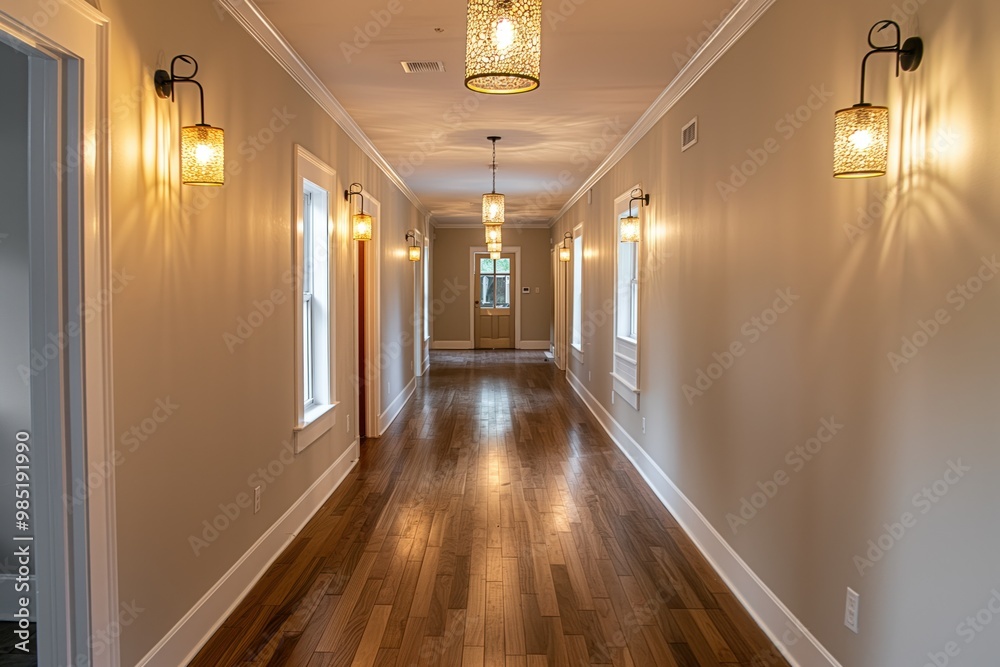 Empty modern house corridor with hardwood floors, illuminated hanging lights. Newly renovated interior design with clean decor, style. White wall, residential apartment with new furniture. Luxurious Empty modern house corridor with hardwood floors, illuminated hanging lights. Newly renovated interior design with clean decor, style. White wall, residential apartment with new furniture. Luxurious