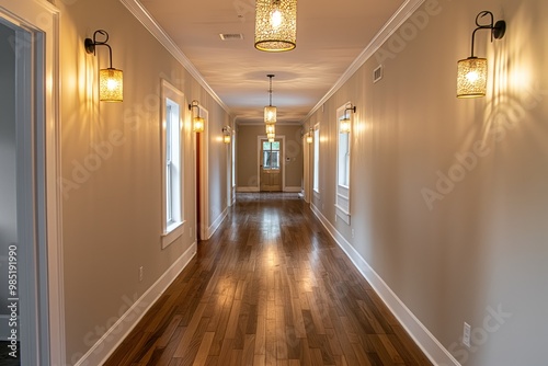 Empty modern house corridor with hardwood floors, illuminated hanging lights. Newly renovated interior design with clean decor, style. White wall, residential apartment with new furniture. Luxurious