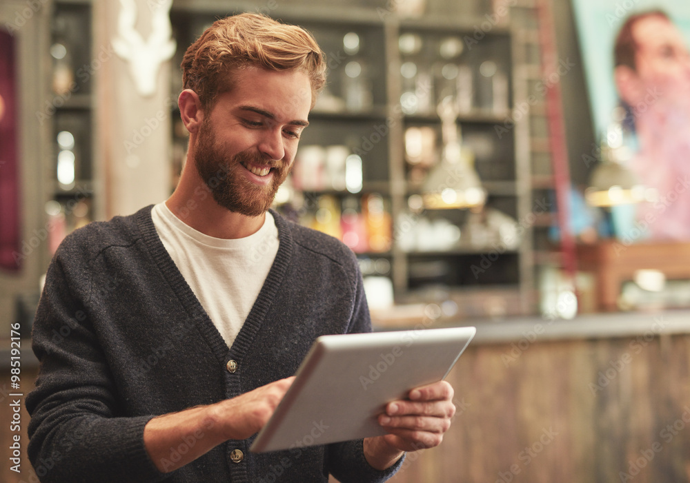 Happy, man and relax with tablet in cafe for online menu, social media website and reading article in morning. Male person, digital and scroll with smile for ecommerce, communication and restaurant Happy, man and relax with tablet in cafe for online menu, social media website and reading article in morning. Male person, digital and scroll with smile for ecommerce, communication and restaurant