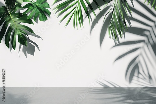 Wallpaper Mural Tropical leaves on grey table casting shadow on white background. Bright, rich, green foliage from exotic jungle plant on minimalist table surface. Simple, elegant, decorative design. Torontodigital.ca