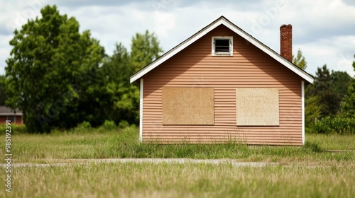 Abandoned house with boarded windows in grassy field photo