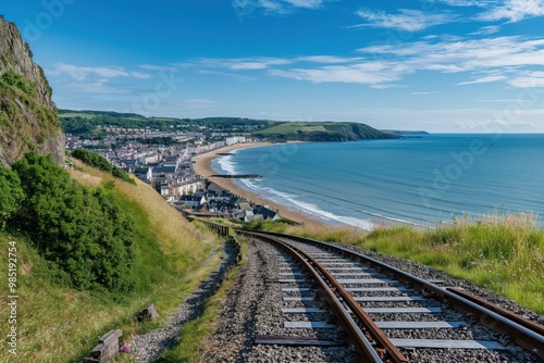 Aberystwyth town in Wales with scenic railroad track leading to sea. Coastline features rocky shores, old architecture, beautiful beach. Town surrounded by green grass, trees. Sky bright blue with photo