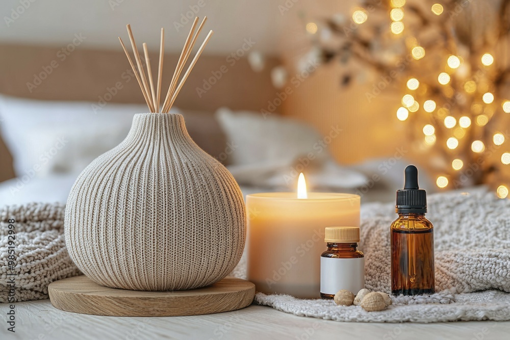 Obraz premium Aromatic Diffuser, Candle, and Essential Oil Bottles on a Wooden Table