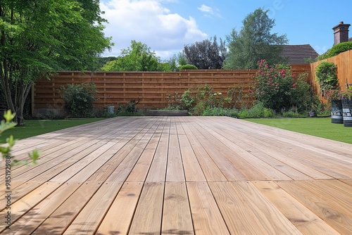 Wooden deck in backyard with fresh green plants and wooden planks. New patio with wooden floor and brick wall. Outdoor living space with planters and pots.