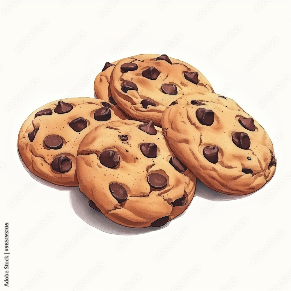 Fototapeta premium Chocolate chip cookies placed side by side on white background. Cookies have identical appearance, light color, and soft texture. They are baked, sweet, and deliciously indulgent treats.