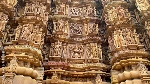 Exotic sculptures on the wall of Kandariya mahadev temple and Devi Jagadambi in khajuraho, madhya pradesh, India.Unesco world heritage site.