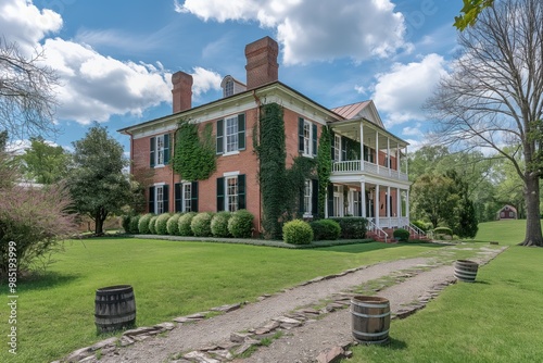 Historical Lotz House Museum exterior in Franklin, Tennessee. Building facades with intricate details, reflecting American Civil War history. National landmark, historic place, preserved