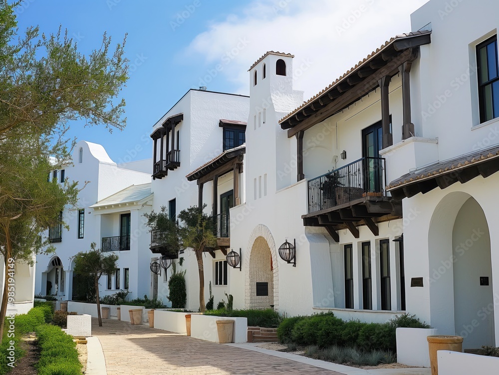 Medieval architecture in Alys beach, Florida. Ancient stone building with narrow windows, old door, traditional exterior style. Heritage house with stone roof, Europa-inspired design, cultural Medieval architecture in Alys beach, Florida. Ancient stone building with narrow windows, old door, traditional exterior style. Heritage house with stone roof, Europa-inspired design, cultural