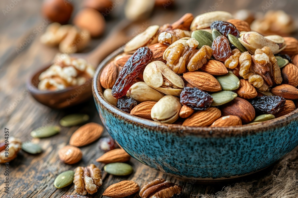 Close-up of a Bowl Filled with a Variety of Nuts, Seeds, and Dried Fruit Close-up of a Bowl Filled with a Variety of Nuts, Seeds, and Dried Fruit