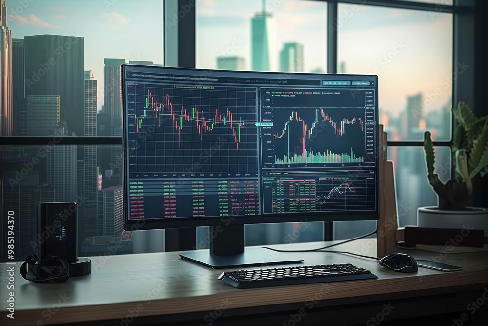 Digital illustration of computer monitor displaying financial graph of market trends. Graphs, charts currency exchange rates, business statistics. AI-generated art for financial, business. Digital illustration of computer monitor displaying financial graph of market trends. Graphs, charts currency exchange rates, business statistics. AI-generated art for financial, business.