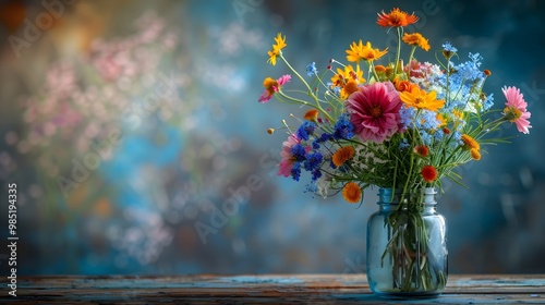 Wildflower bouquet in mason jar on wooden table.