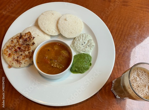 Freshly prepared South Indian Breakfast on a plate with fresh tea on the side