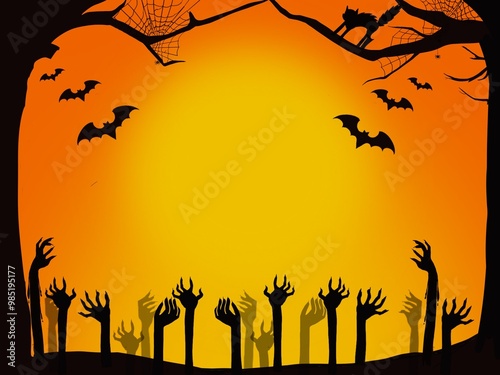 . halloween illustration. Halloween cemetery landscape with zombie hands and gravestones, vector background Trick or Treat Halloween Holiday