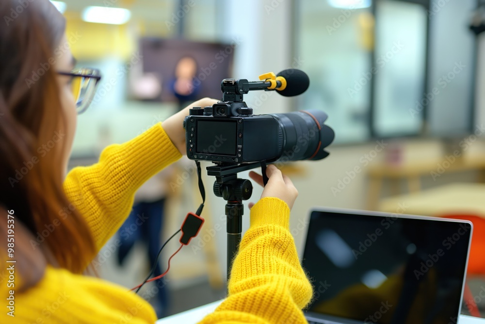 Woman in yellow sweater records video on laptop while sitting in office space. Teenage girl uses computer equipment for vlogging live feeds on social media platforms. Woman in yellow sweater records video on laptop while sitting in office space. Teenage girl uses computer equipment for vlogging live feeds on social media platforms.