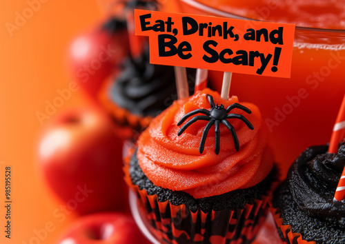 Halloween treats, spooky cupcakes with orange frosting and a plastic spider, paired with a festive orange beverage photo