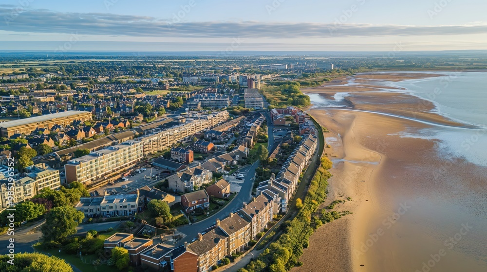 Fototapeta premium Aerial view of Colchester Hythe waterfront in Essex, England. River Colne meets sea at Colchester Marina. Seaweed-covered shore, historic buildings, trees, roadways. Cars drive along seafront road.