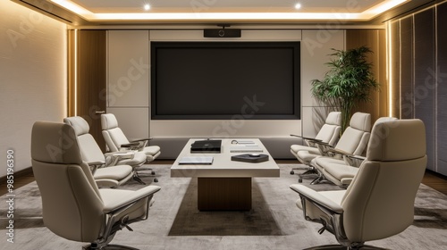 Modern conference room with a large screen, neutral tones, leather chairs, and sleek AV equipment, designed for meetings or presentations