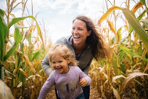 Mother and her child navigating through a tall corn maze, laughing as they try to find their way out on a crisp