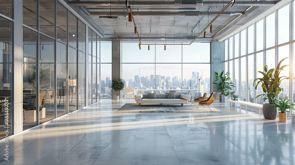Modern Office Interior with City Skyline View Modern Office Interior with City Skyline View