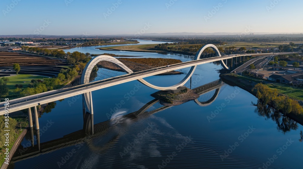 Aerial shot of Infinity Bridge spanning Tees River in Stockton, California. Modern architecture, urban landscape, scenic view of city, beautiful river, water background, blue sky, road, building, Aerial shot of Infinity Bridge spanning Tees River in Stockton, California. Modern architecture, urban landscape, scenic view of city, beautiful river, water background, blue sky, road, building,