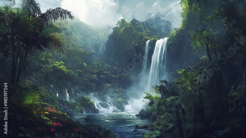 A cascading waterfall plunges into a lush tropical valley. photo