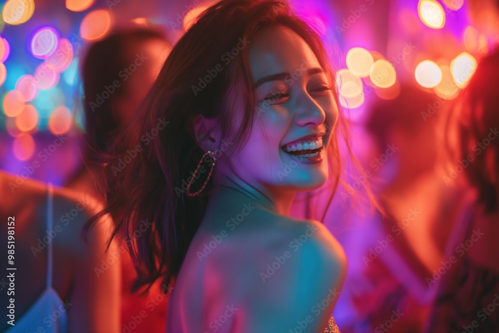 Lively party scene with joyful woman dancing in red dress surrounded by friends in colorful attire. Vibrant lights create a kaleidoscope of colors, dynamic atmosphere of joy and celebration. Lively party scene with joyful woman dancing in red dress surrounded by friends in colorful attire. Vibrant lights create a kaleidoscope of colors, dynamic atmosphere of joy and celebration.