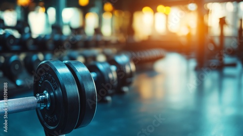 A close-up of a dumbbell in a gym.