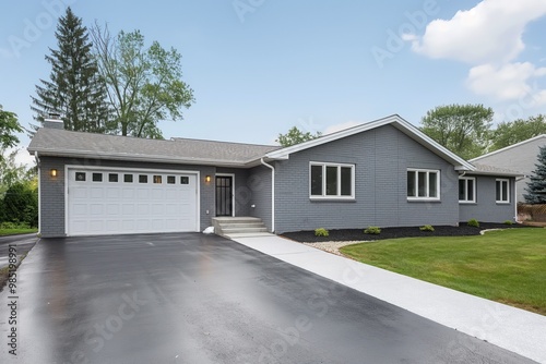 Suburban house with grey walls, wide white asphalt driveway. Single tree stands bare in front of residence. Exterior architecture features balcony. Typical property in suburb, suitable for real