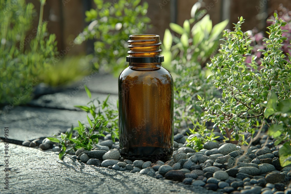Amber Glass Bottle on Pebbles and Green Foliage Amber Glass Bottle on Pebbles and Green Foliage