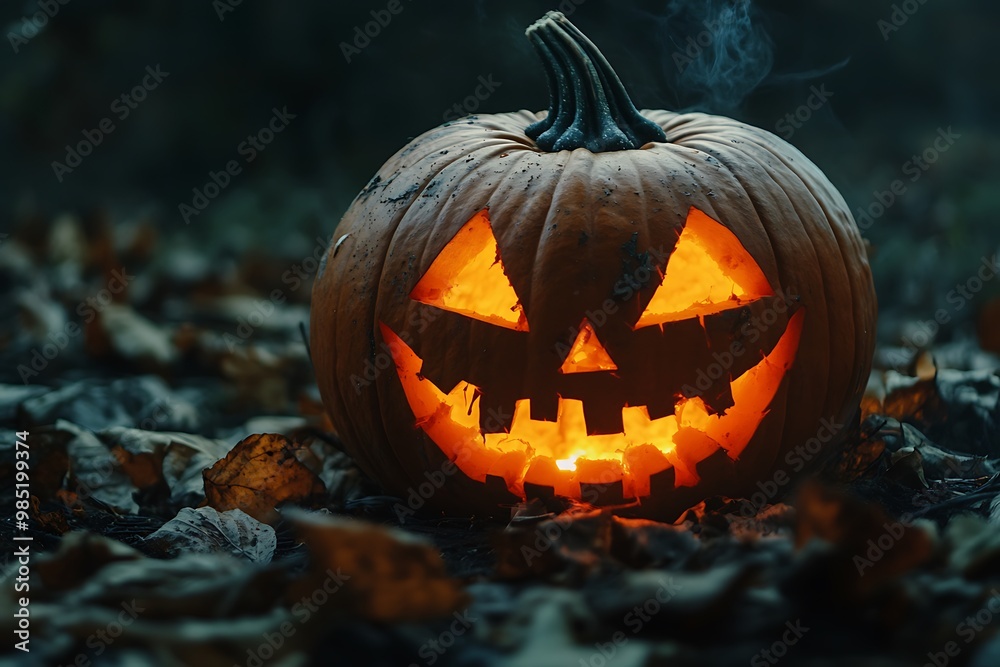 Spooky jack o' lantern glowing in the dark with leaves on Halloween night Spooky jack o' lantern glowing in the dark with leaves on Halloween night