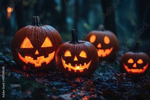 Jack o' lanterns with candles lit on forest ground during Halloween. Autumn scary night celebration.