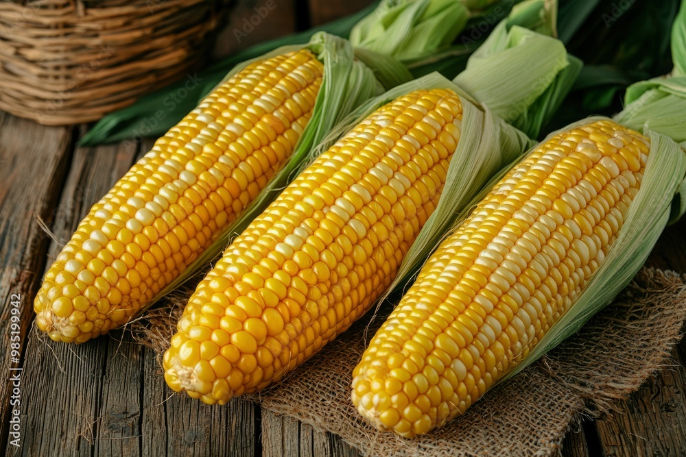 Three Freshly Harvested Corn Cobs on Rustic Wood Three Freshly Harvested Corn Cobs on Rustic Wood