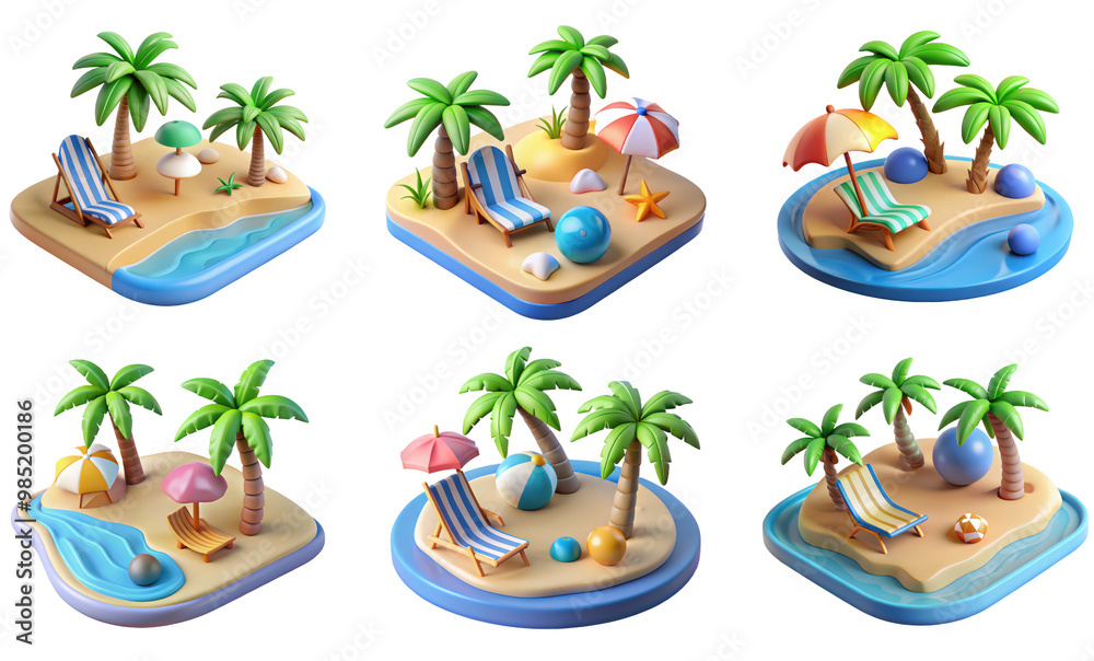 Obraz premium PNG beach 3d collection, in cartoon style minimal on transparent, white background, isolate 