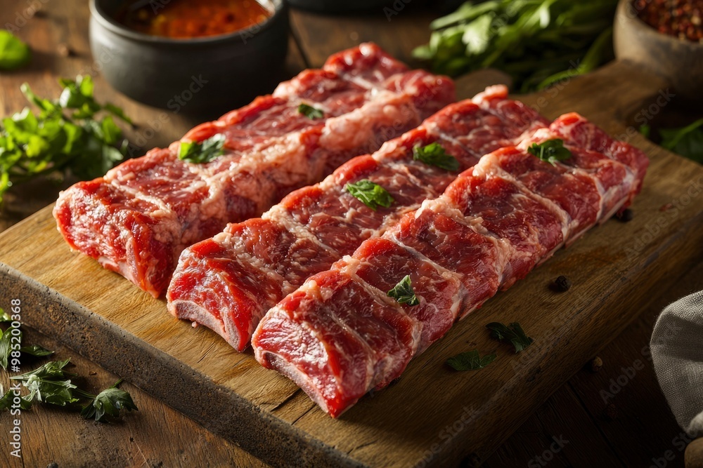 Raw Beef Short Ribs on a Wooden Cutting Board Raw Beef Short Ribs on a Wooden Cutting Board