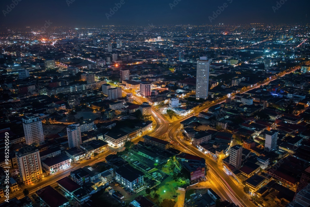 Aerial night shot of Accra city, Ghana capital. Cityscape features old buildings, modern architecture, railway bridge, streets, roads, people. Urban landscape with central business district, town, Aerial night shot of Accra city, Ghana capital. Cityscape features old buildings, modern architecture, railway bridge, streets, roads, people. Urban landscape with central business district, town,