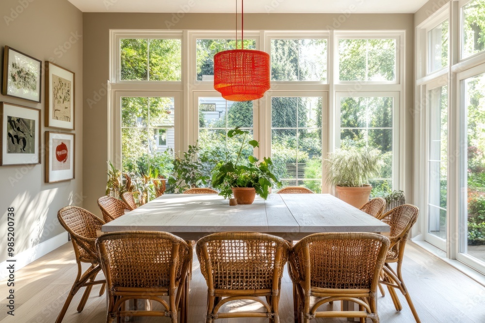 Obraz premium Dining room with a white oak table and rattan chairs, big windows that keep the room bright and well-litted
