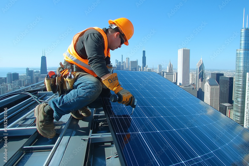A worker is on the roof of an office building, installing home solar panels, with the city skyline in the background and a blue sky with white clouds, working intently on the installation process
A worker is on the roof of an office building, installing home solar panels, with the city skyline in the background and a blue sky with white clouds, working intently on the installation process