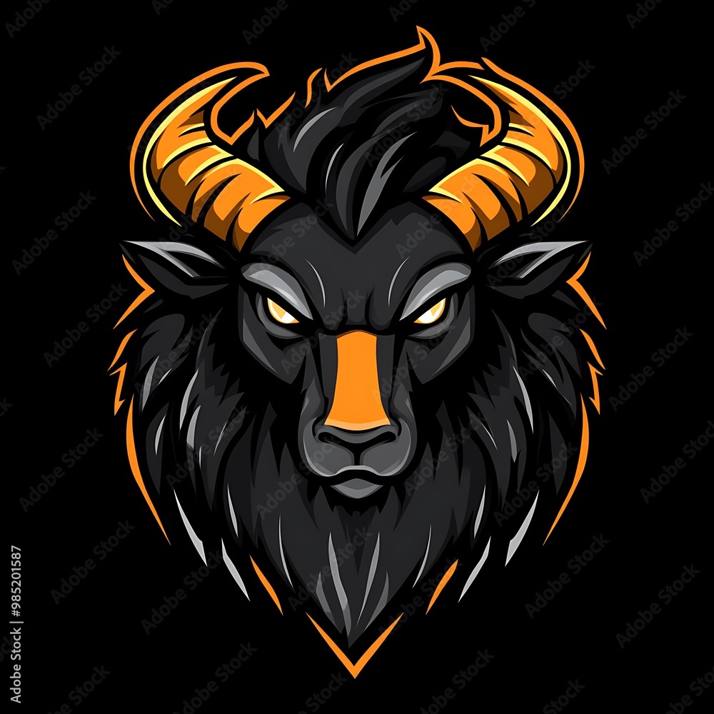Fototapeta premium Black Bull Mascot with Orange Horns and Muzzle for Gaming Logo Design