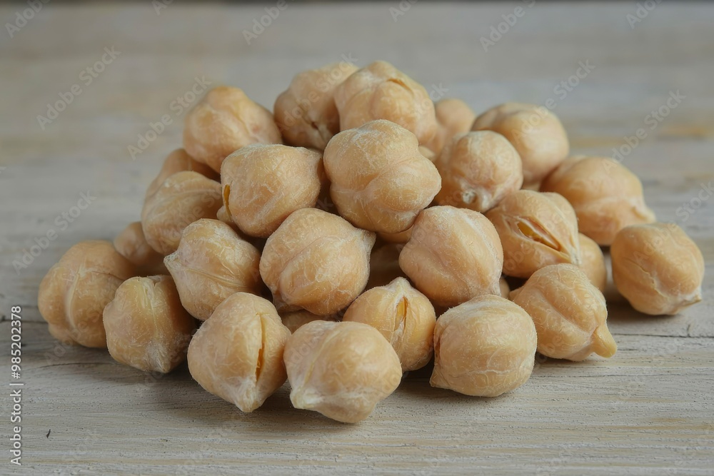 Close-up of a Pile of Peeled Chickpeas on a Wooden Surface Close-up of a Pile of Peeled Chickpeas on a Wooden Surface