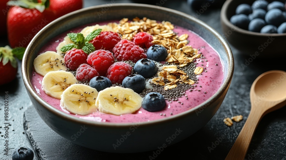 A vibrant smoothie bowl topped with bananas, raspberries, blueberries, granola, and mint leaves, ideal for health-themed content, recipe blogs, or social media posts promoting nutritious eating, A vibrant smoothie bowl topped with bananas, raspberries, blueberries, granola, and mint leaves, ideal for health-themed content, recipe blogs, or social media posts promoting nutritious eating,