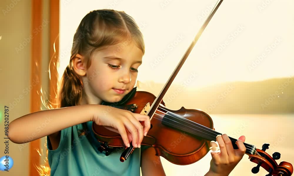 Young Girl Playing Violin in Sunlit Music Classroom Young Girl Playing Violin in Sunlit Music Classroom