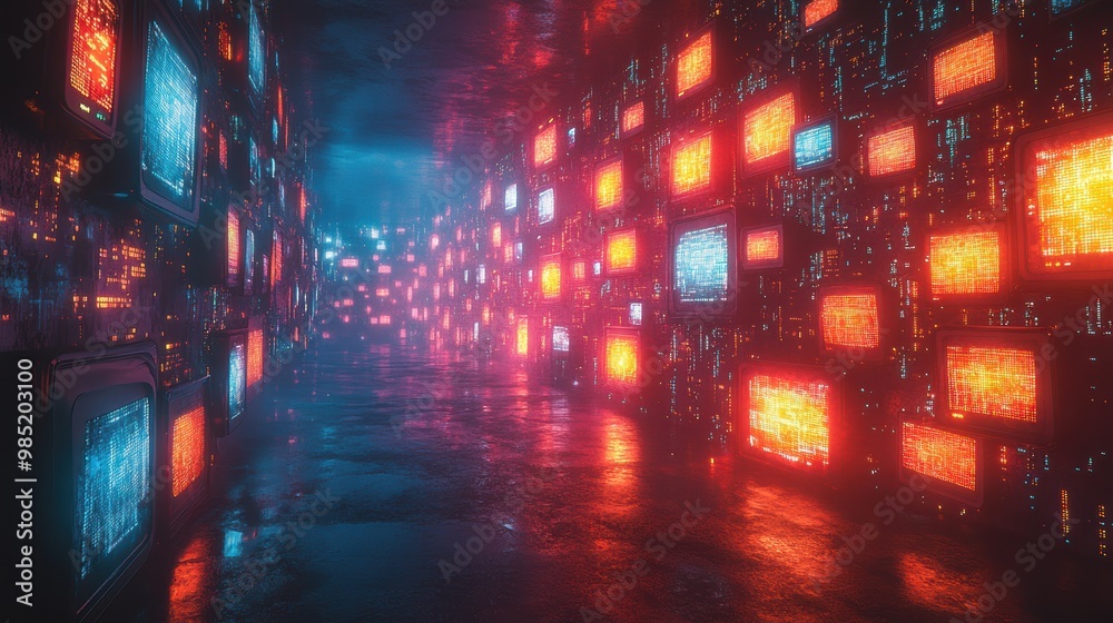 A futuristic hallway illuminated by vibrant screens displaying colorful patterns, This image can be ideal for tech-related projects, digital media, or backgrounds in gaming and virtual environments, A futuristic hallway illuminated by vibrant screens displaying colorful patterns, This image can be ideal for tech-related projects, digital media, or backgrounds in gaming and virtual environments,