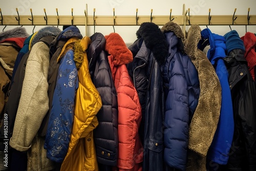 Coats rack in primary school classroom with various jackets, jumpers, and sweaters. Students bags, backpacks, and shopping bags hang on pegs. Blue, yellow, and leopard print coats dominate the rack. photo