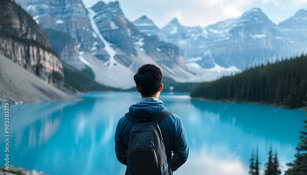 Solo Traveler Admiring the Majestic Beauty of a Mountain Lake Solo Traveler Admiring the Majestic Beauty of a Mountain Lake