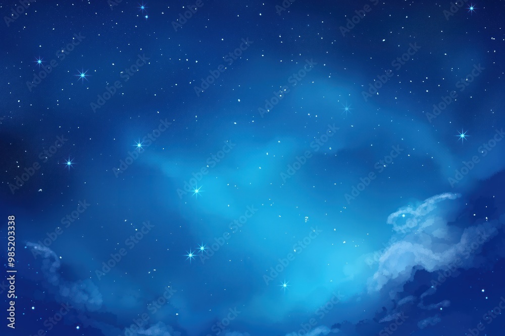 Fototapeta premium Blue starry night sky with many sparkles and a galaxy of stars. Digital illustration of a beautiful cosmic scene. Shiny starlight glistering in a dark universe.