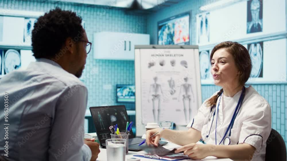 Medical staff reviewing diagnostic reports and results for a patient, focusing on x ray imaging and scan interpretation. Modern medical examination and patient diagnosis at clinic. Camera B. Medical staff reviewing diagnostic reports and results for a patient, focusing on x ray imaging and scan interpretation. Modern medical examination and patient diagnosis at clinic. Camera B.
