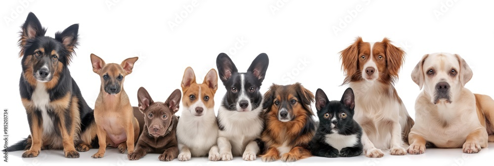 Group of adorable pets on white background. Various breeds including bulldog, chihuahua, cat, parrot, hamster, kitten, puppy. Domestic animals in a collage design. Cute and funny animals together. Group of adorable pets on white background. Various breeds including bulldog, chihuahua, cat, parrot, hamster, kitten, puppy. Domestic animals in a collage design. Cute and funny animals together.