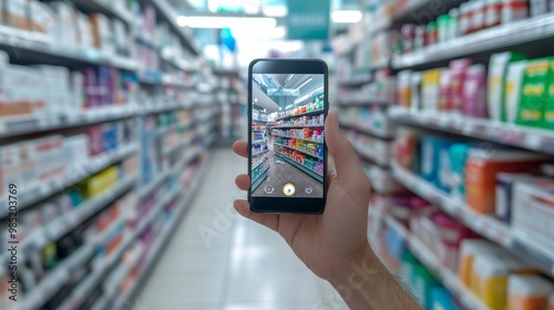 A hand holding a phone to film an aisle in a supermarket.