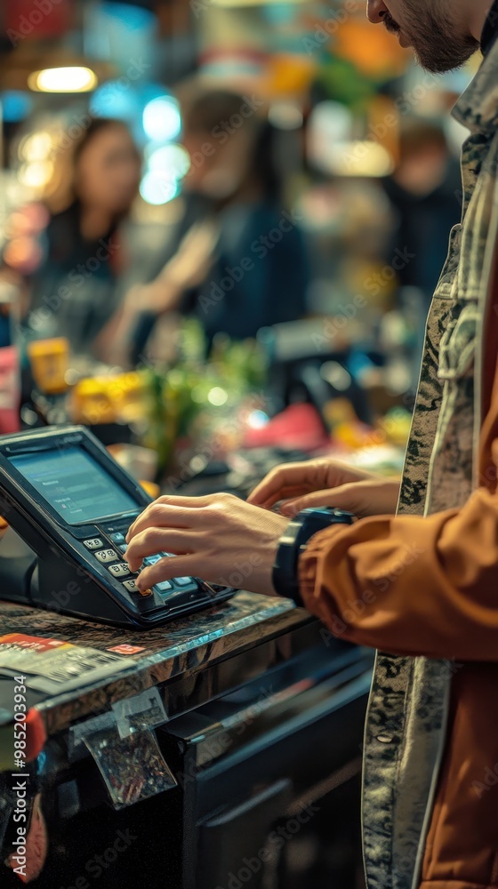 Naklejka premium A person interacting with a point-of-sale terminal in a busy environment, conveying the essence of modern retail transactions