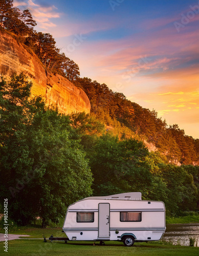 Family vacation travel RV, holiday trip in motorhome, Caravan car Vacation.
